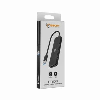 Sbox USB centrmezgls H-504, 4 porti, 5 Gbps, USB 3.0, 5V USB, ABS plastmasa, melna (H-504)