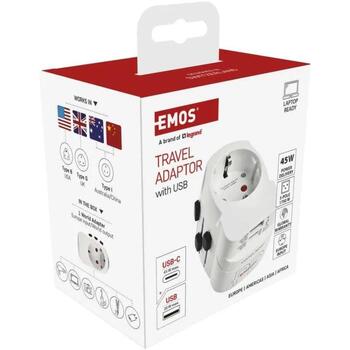 Emos P0056U дорожный адаптер, 1×USB-C PD 45W, 1×USB-A QC 3.0, 100-250V, 7A, белый (P0056U)