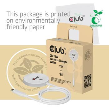 Club3D Lādētājs CAC-3026 Qi2 25W Bezvadu Lādētājs Balts Qi 2.2 MagSafe Saderīgs Magnētiskais Paliktnis, 1m USB-C kabelis, 1 ierīce (CAC-3026)