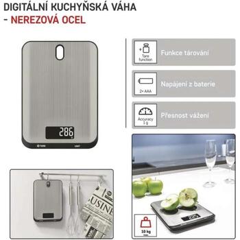 Emos Кухонные весы EV026, 10кг, 1г, нержавеющая сталь, ЖК, TARE, 2x1,5V AAA, подсвечиваемый дисплей (EV026)