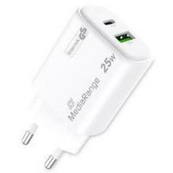 Mediarange strāvas adapteris MRMA112-2 25W, 1x USB-C, 1x USB-A, ātrā uzlāde, balts, polikarbonāts (MRMA112-2)