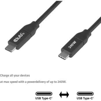 Club3D USB-C strāvas kabelis CAC-2506, 2m, 240W, USB-C uz USB-C, USB PD 3.1 EPR, 48V/5A, E-Marker, datu pārraides bloķētājs, melns (CAC-2506)