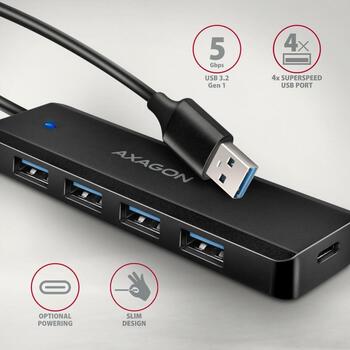 Axagon USB centrmezgls HUE-C1A 4x USB 5Gbps, strāvas kabelis 19 cm, karšu lasītājs, lādētājs 1.5A/5V (HUE-C1A)