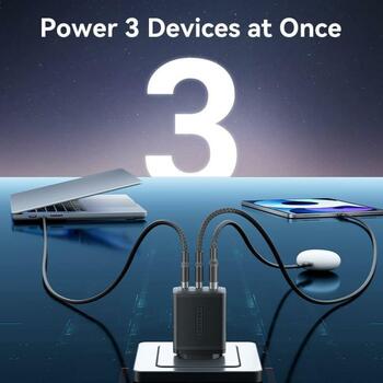 Vention зарядное устройство FERB0-EU 65W PD быстрая зарядка, 3 устройства, 2 USB-C, 1 USB-A, черный, GaN технология (FERB0-EU)
