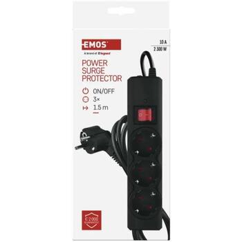 Emos Pārsprieguma aizsargs P54214, 1,5 m, 3 kontaktligzdas, 2300 W, 10 A, bērnu aizsardzība, slēdzis ar apgaismojumu (P54214)