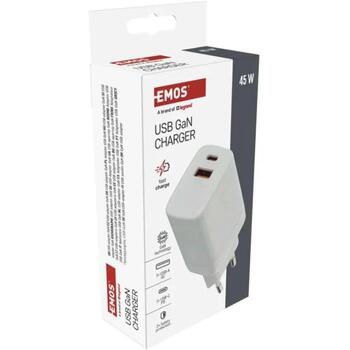 Emos Универсальное USB настенное зарядное устройство GaN V04G45, 45 Вт, 100–240 В, 2xUSB, быстрая зарядка, защита от перегрузки (V04G45)
