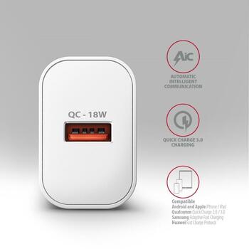 Axagon lādētājs ACU-QC18W 18W 1xUSB-A QC3.0, Ieejas spriegums 100-240V, Aizsardzība pret pārslodzi, Pārkaršanu, Pārspriegumu (ACU-QC18W)