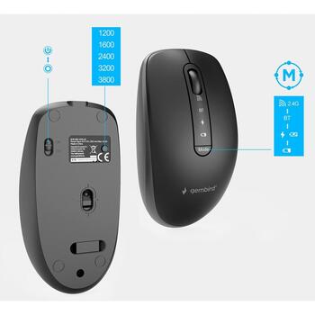 Gembird KBS-WPS-02 беспроводной комплект, 2.4G+BT, US раскладка, 3800 DPI, 300 мАч, черный (KBS-WPS-02)