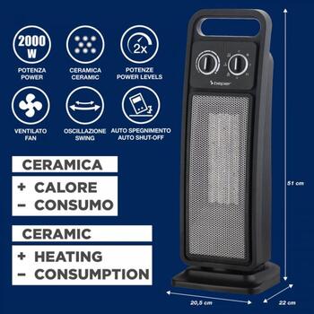 Beper Вентиляторный обогреватель P203TER002, 2000W, 2 уровня мощности, керамический, черный, термостат, вентилятор (P203TER002)