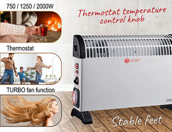 Efektīvs konvektora sildītājs ar taimeri un turbo ventilatoru 2000 W 3 jaudas līmeņi līdz 24 m² balts MS7741w Mesko (MS 7741 white)