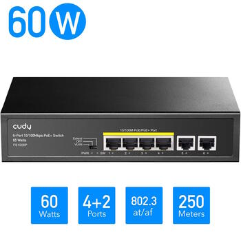 Cudy FS1006P сетевой коммутатор, 6 портов, 4×PoE+ 30W, 65W, 802.3af/at, 250m CCTV, watchdog, металлический корпус (FS1006P)