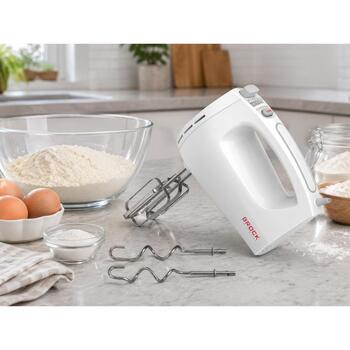 Brock HM 3001 WH ручной миксер, 300 Вт, 5 скоростей, турбо, венчики и крюки для теста из нержавеющей стали, белый (HM 3001 WH)