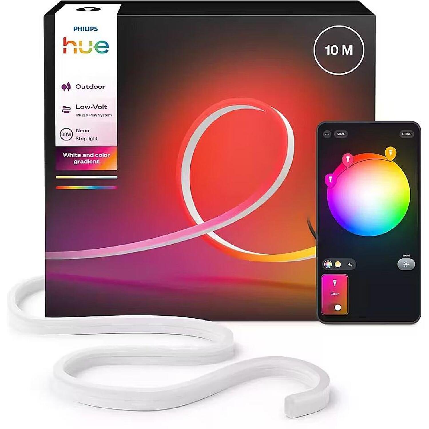 Philips Hue Neon умная светодиодная лента, 8721103088857, 10м, 30Вт, 1100лм, IP67, Bluetooth, Zigbee, силикон, белая, для улицы (8721103088857)