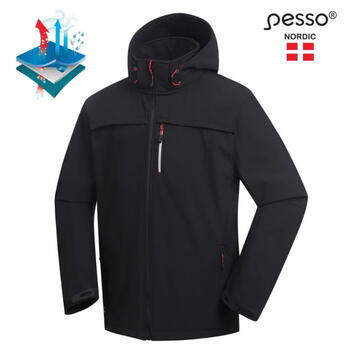 Pesso Softshell jaka Atlanta ATLANTA_B-L, L, 8000 mm, 5000g/m² 24h, ar kapuci, melna, PU membrāna, flīss, 96% poliesters (ATLANTA_B-L)