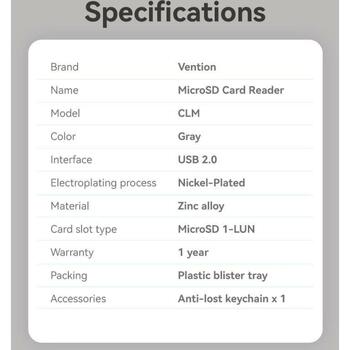 Vention karšu lasītājs CLMH0, USB 2.0 Type-C, 1 slots, 512GB, 480 Mbit/s, pelēks, bez draiveriem, saderīgs ar MacOS, Android, iOS (CLMH0)