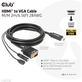 Club3D Видео кабель HDMI на VGA CAC-1712 2м 28AWG, VGA (D-Sub) + 3.5mm, HDMI + Micro-USB, 1920 x 1080 (CAC-1712)