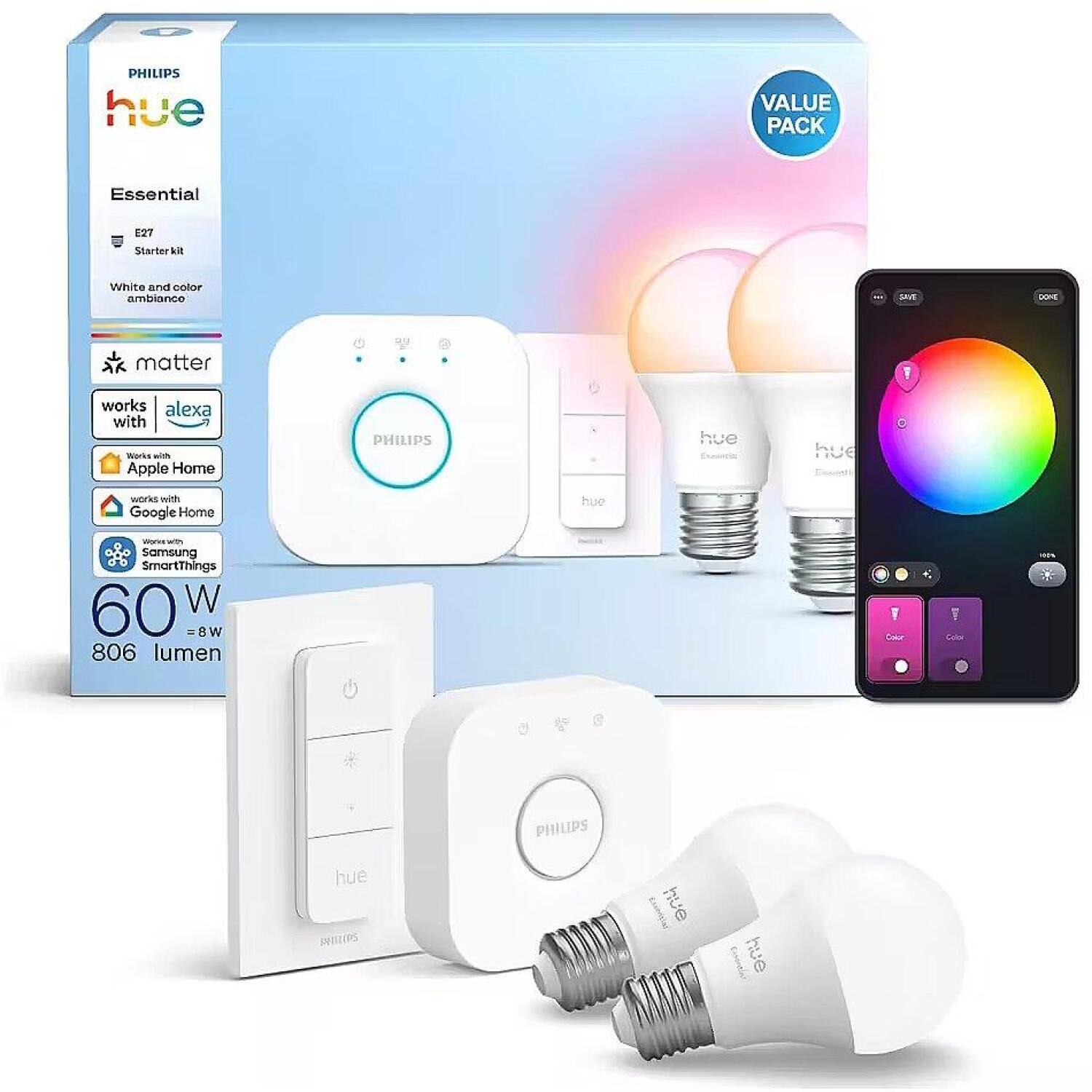 Philips Hue умный осветительный комплект 8721103103659, 2 лампы, E27, 8 Вт, 806 лм, 2200-6500 К, 16 млн цветов, Bluetooth/Zigbee (8721103103659)