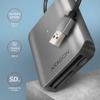 Axagon Читатель карт памяти CRE-S3 USB 3.2 Gen 1 3-слотовый, 5000 Мбит/с, поддерживает CF, SD, microSD, MMC, алюминий, серый (CRE-S3)