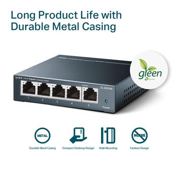 TP-LINK TL-SG105 настольный коммутатор, 5x10/100/1000Mbps, 15KB, 2K, 7.4Mpps, 2.3W, без вентилятора (TL-SG105)