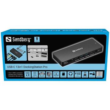 Sandberg USB-C 13in1 док-станция Pro 136-61, 100W, 2xHDMI, 1xDP, 3xUSB 3.0, 1xUSB-C 3.1, 1xRJ45, 1xAudio, 1xSD, 1xMicroSD (136-61)