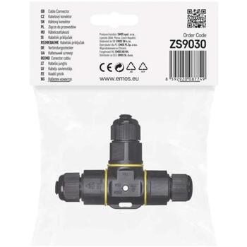 Emos T-образный пластиковый кабельный соединитель ZS9030, 16 A, 250 V, 50/60 Hz, IP68, черный, PA66, IK08, защита от мерцания (ZS9030)