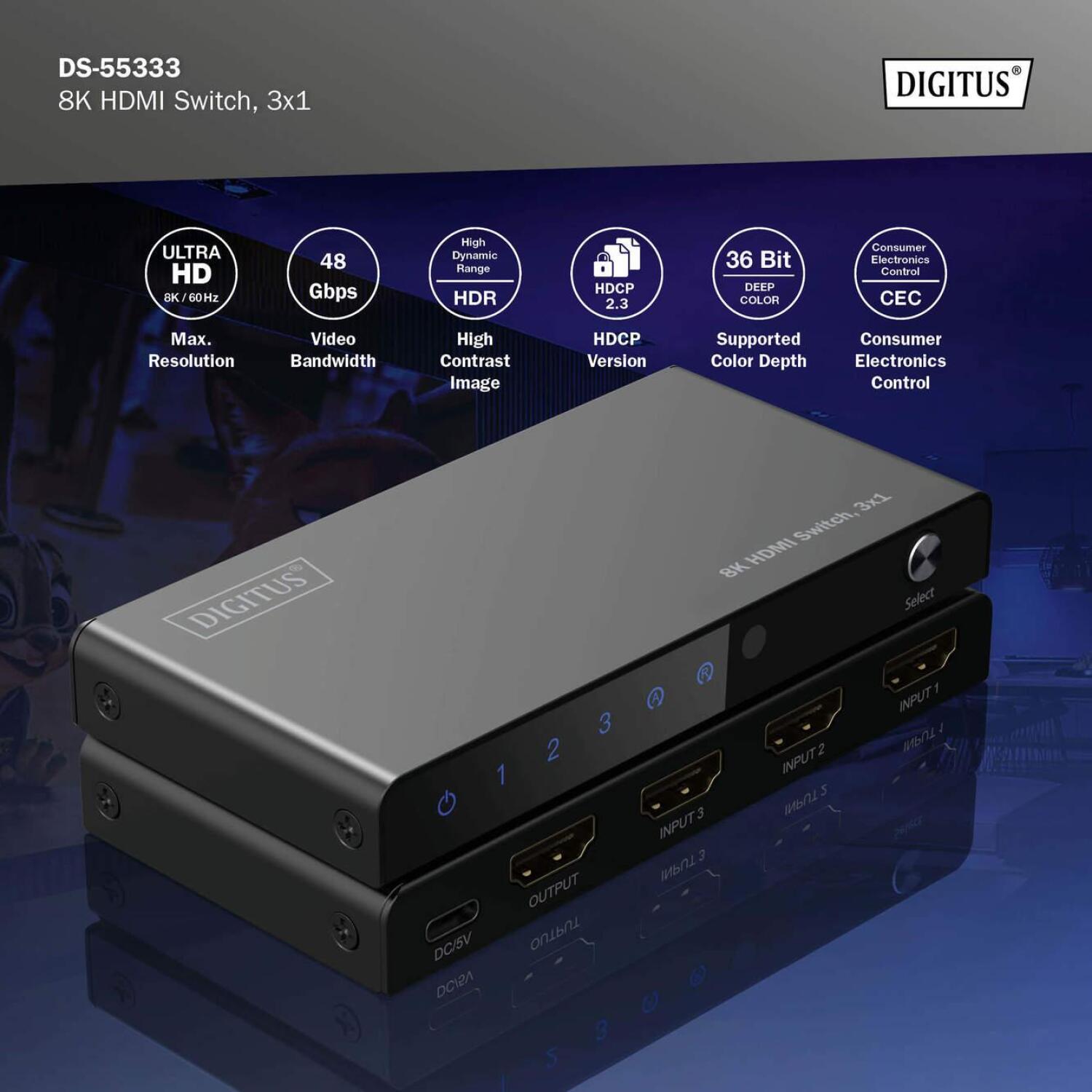 Digitus HDMI коммутатор, 3x1, DS-55333, 4xHDMI, 48Gbps, металлический корпус, поддержка HDR (DS-55333)
