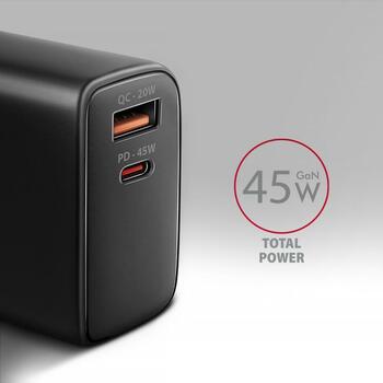 Axagon настенный зарядное устройство ACU-PQ45 45W, 2xUSB-A, 1xUSB-C, 100-240V, QC4+, PD3.0, черный, защита питания (ACU-PQ45)