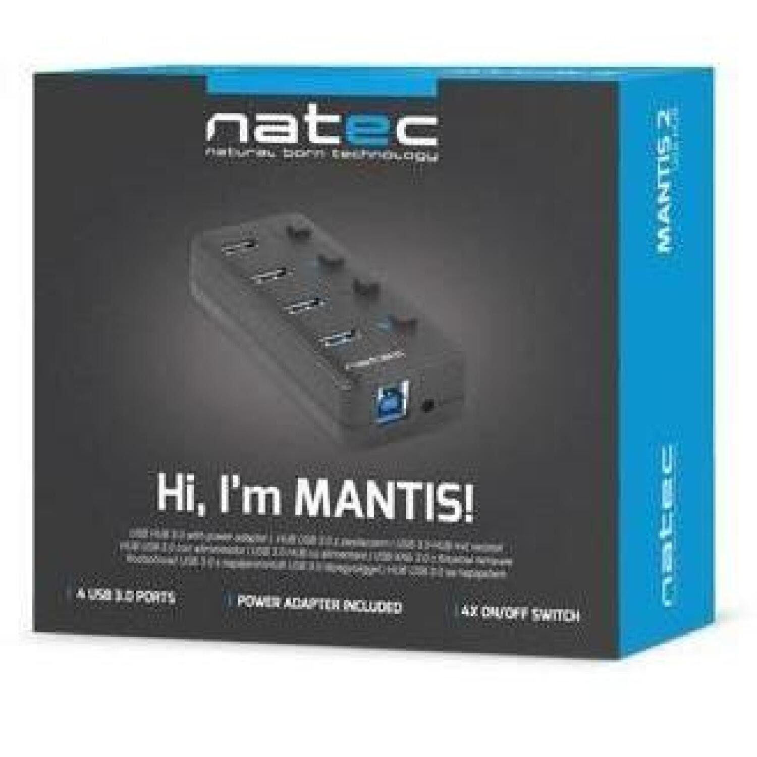 Natec USB хаб Mantis 2 NHU-1557, 4xUSB 3.0 A, 1xUSB B, 230V, переключатели, блок питания (NHU-1557)