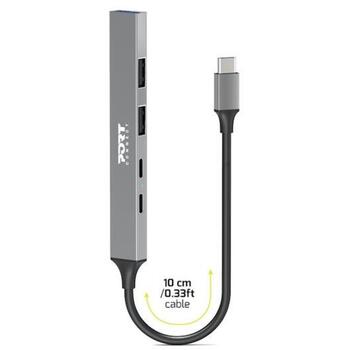 Port Connect USB centrmezgls 900163, 1xUSB-C, 1xUSB-C (jaudas piegāde), 2xUSB-A 2.0, 1xUSB-A 3.2, 100W, alumīnija korpuss (900163)
