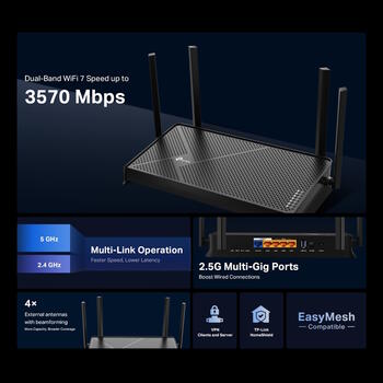 TP-Link Archer BE3600 беспроводной маршрутизатор Wi-Fi 7 Dual-Band до 3.6 Gbps EasyMesh HomeShield 4× антенны 2× 2.5 Gbps 3× 1 Gbps LAN USB 3.0 Чёрный (ARCHER BE3600)