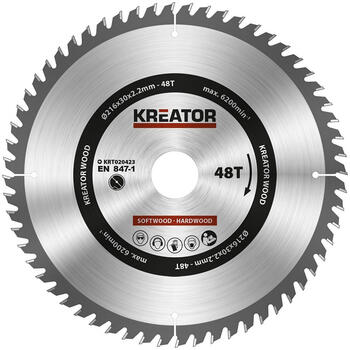 Пильный диск по дереву Ø216x30x2,2мм, 48 зубьев Kreator (KRT020423)