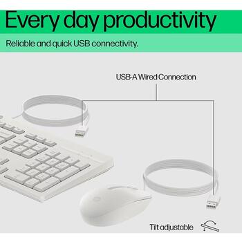 HP 225 проводной комплект мыши и клавиатуры AW5S6AA#ACB, USB, 1200 DPI, оптическая, 3 кнопки, полноразмерная, белая, для офиса (AW5S6AA#ACB)