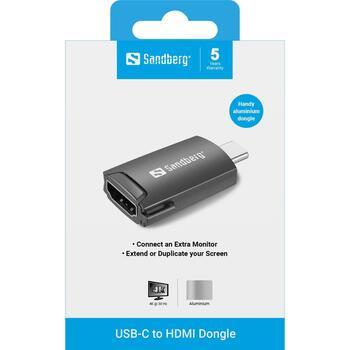 Sandberg 136-34 USB-C-HDMI dongle, alumīnija korpuss, melns, 4K/30Hz, 3840x2160, LED indikators (136-34)