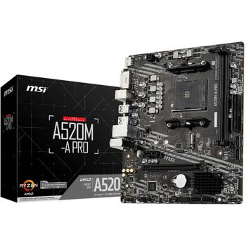 Msi Dēlis A520M-APRO, AM4, DDR4 līdz 4600 MHz, 2 DIMM, 1 x PCI-E 3.0, 4 x SATA III, 1 x HDMI, 1 x DVI-D, 7.1 audio (A520M-APRO)