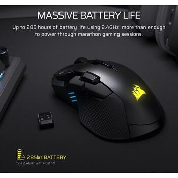 Corsair IRONCLAW SE spēļu pele CH-9317110-WW, 26000 DPI, 2,4 GHz, Bluetooth, USB-C, 10 pogas, optiskais sensors, melna (CH-9317110-WW)