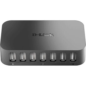 D-Link USB centrmezgls DUB-H7/E, 7x USB 2.0, 480 Mbit/s, 2.4 A, melns, Plug and Play, Mac saderība (DUB-H7/E)