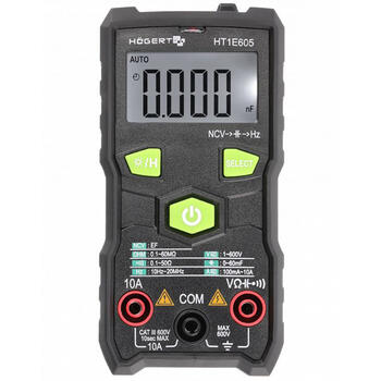 Hogert HT1E605 умный мультиметр, 600В, 10А, 60МОм, 60мФ, 20мГц, TRUE RMS, NCV, DATA HOLD, ЖК-дисплей с подсветкой, 6000 отсчетов (HT1E605)