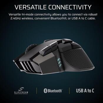 Corsair IRONCLAW SE spēļu pele CH-9317110-WW, 26000 DPI, 2,4 GHz, Bluetooth, USB-C, 10 pogas, optiskais sensors, melna (CH-9317110-WW)