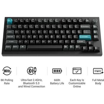Keychron Q1U-M3 klaviatūra, 75% forma, 8000 Hz, RGB LED apgaismojums, 4000 mAh akumulators, USB + RF bezvadu + Bluetooth (Q1U-M3)