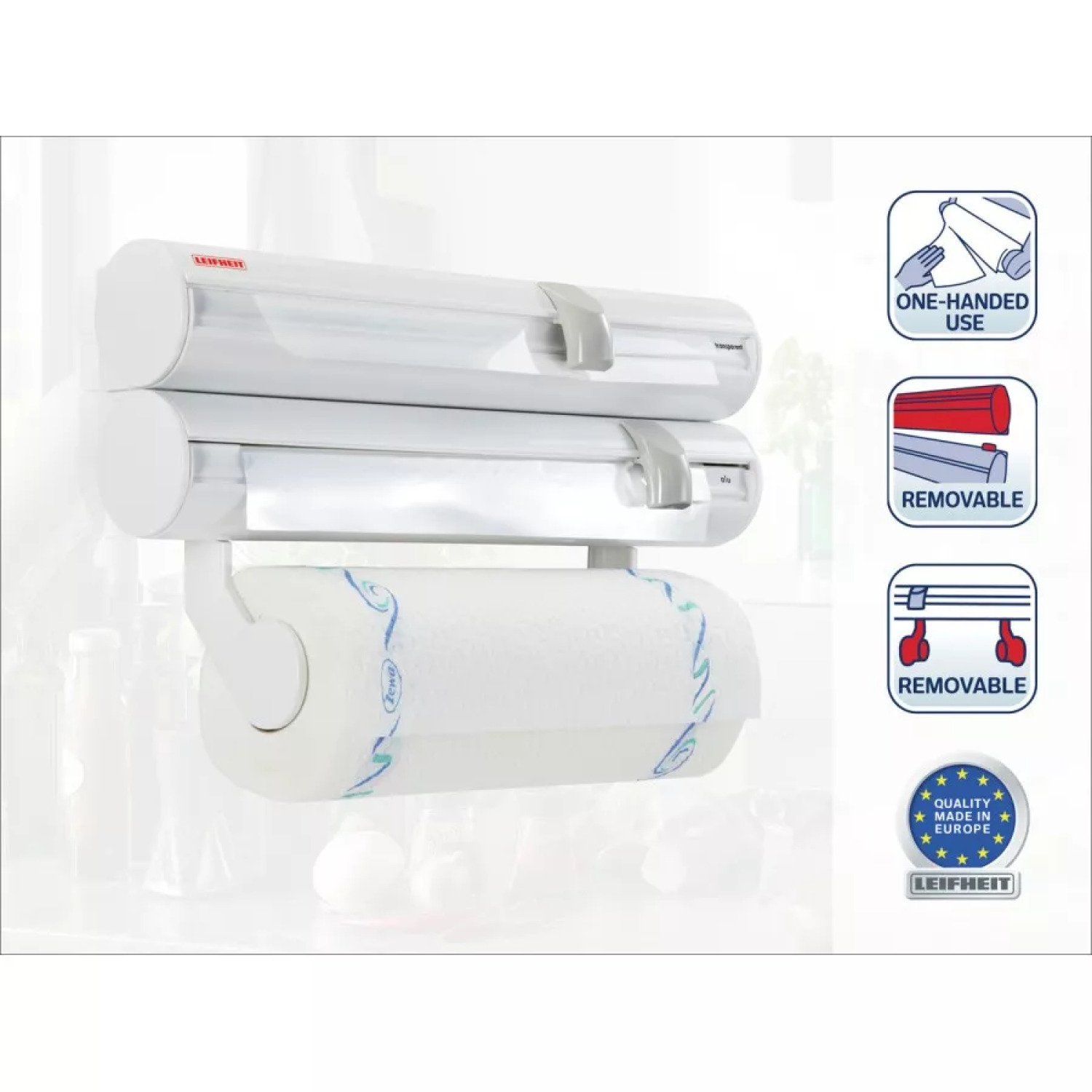 Leifheit Rolly Mobil 1025795, sienas ruļļu turētājs, 38.1x6.4x11.4cm, balta plastmasa, noņemams augšējais turētājs (1025795)
