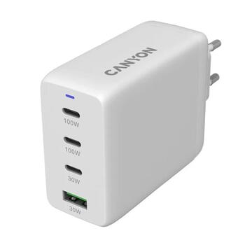 Kompakts sienas lādētājs ar GaN tehnoloģiju 100 W kopējo jaudu 3×PD un 1×QC ātrās uzlādes portu CU100ACC EU Balts CNS-CUW100ACC CANYON (CNS-CUW100ACC)