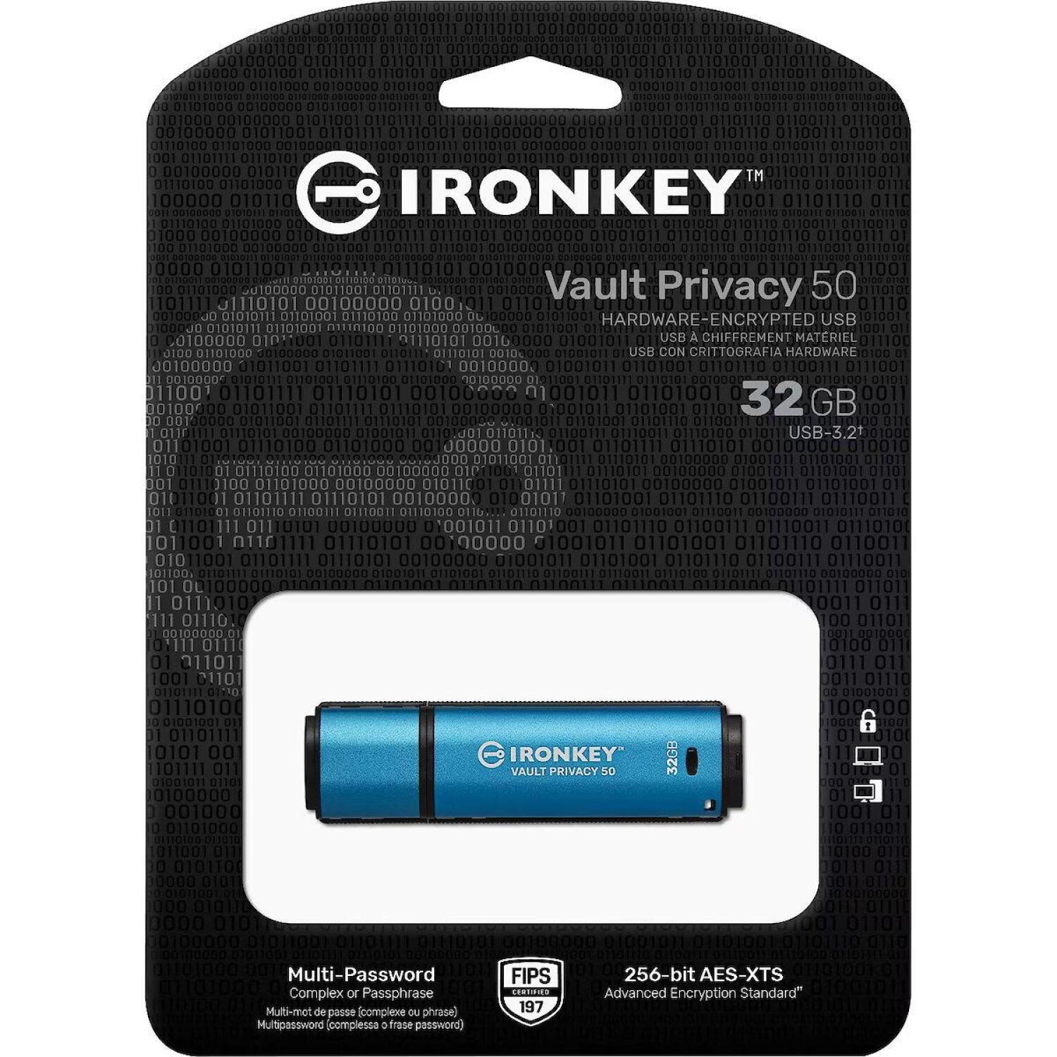 Kingston USB флеш-накопитель IKVP50/32GB, 32GB, USB 3.2 Gen 1, 250MB/s чтение, 180MB/s запись, аппаратное шифрование AES-256 XTS (IKVP50/32GB)