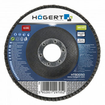 Hogert лепестковый шлифовальный диск HT8D050, 125мм, 22.4мм, G36, 12500об/мин, выпуклый, стекловолоконная основа, оксид алюминия (HT8D050)