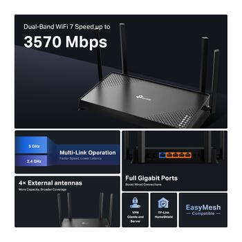TP-Link Archer BE220 беспроводной маршрутизатор Wi-Fi 7 Dual-Band до 3600 Mbps EasyMesh HomeShield 4× антенны 1× WAN 4× LAN Gigabit Чёрный (ARCHER BE220)