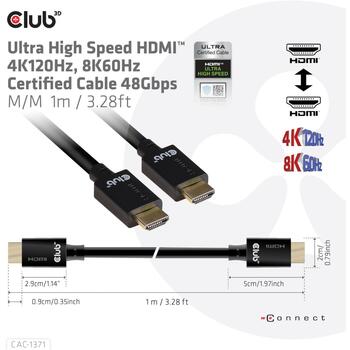 Club3D HDMI кабель на HDMI 1м CAC-1371, 48 Гбит/с, 10K 120Hz, 2.1, черный, прямой разъем, позолота (CAC-1371)