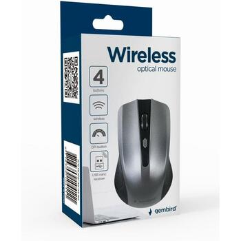 Gembird USB datorpele MUSW-4B-04-BG, 1600 DPI, 4 pogas, RF bezvadu, akumulators AAA, melna, pelēka (MUSW-4B-04-BG)