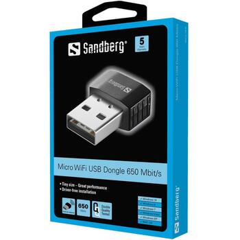 Sandberg Mikro WiFi USB Dongle 133-91, 650 Mbit/s, 2.0, 20 m, WPA, WPA2, 150-433 Mbit/s (133-91)