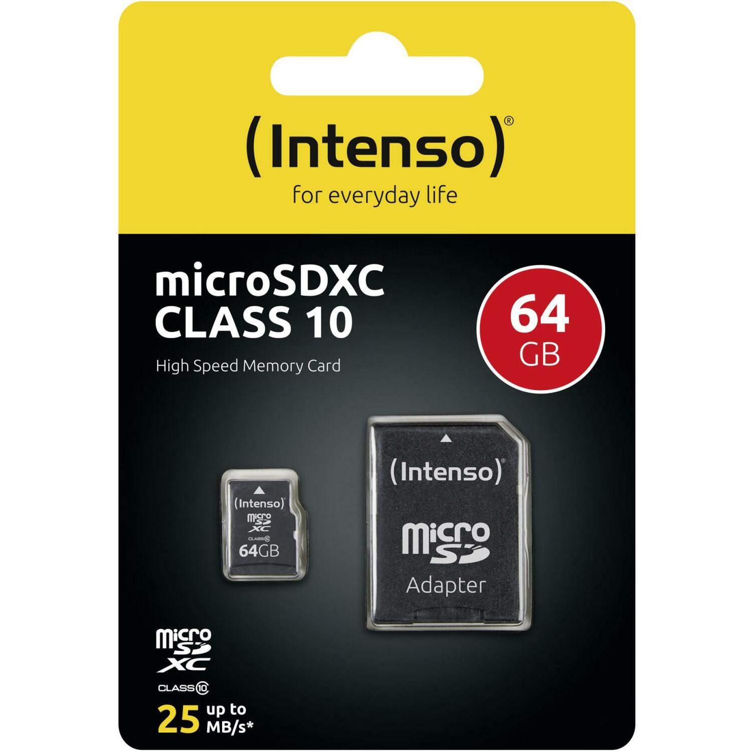 Intenso карта памяти MicroSDXC 3413490 64 ГБ, скорость чтения 25 МБ/с, класс 10, адаптер в комплекте, водонепроницаемая (3413490)