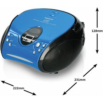 Lenco SCD-24 Blue/Black CD-магнитола, FM-радио, 2x2W, 3.5mm разъем для наушников, ЖК-дисплей, 20 станций, ручка (SCD-24 Blue/Black)