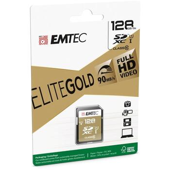 Emtec Карта памяти ECMSD128GXC10GP, 128GB, 90MB/s, 20MB/s, UHS-I U1, SDXC, золото (ECMSD128GXC10GP)